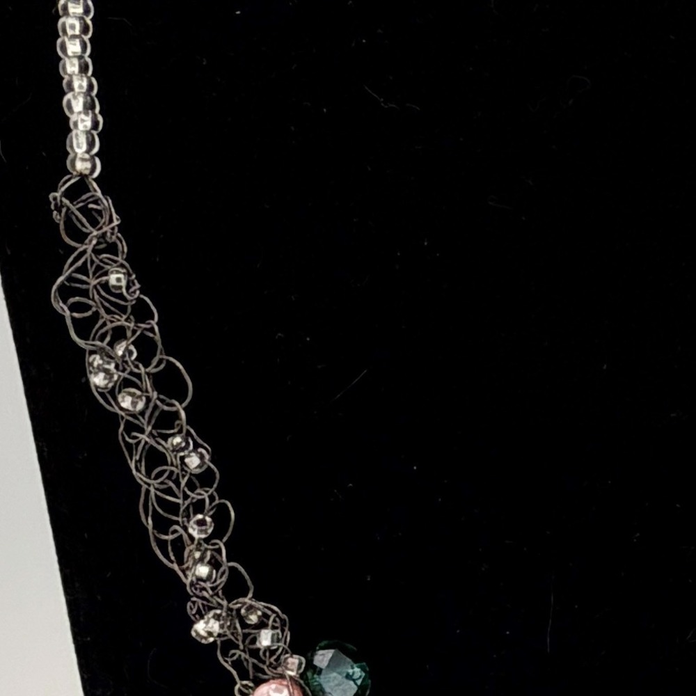 Handmade Wire Crochet Beaded Necklace Green Facet Crystal Pink Pearl Fringe 18" - Picture 11 of 15